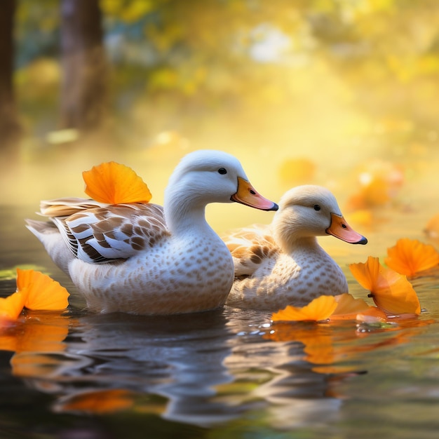 des canards nageant dans les feuilles d'automne sur un lac