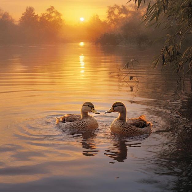 canards nageant dans une rivière au coucher du soleil