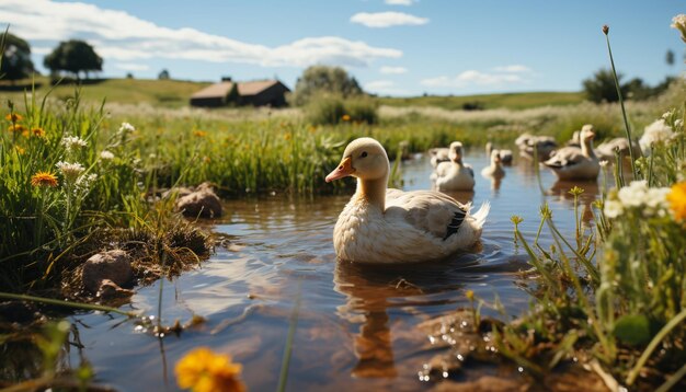 Photo des canards et des oies paissent dans la prairie générée par l'intelligence artificielle.