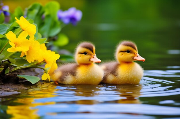 Photo des canards pagayant dans un étang de printemps