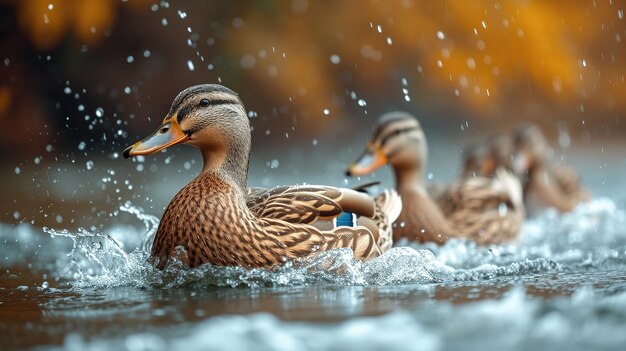 Des canards sauvages nageant dans un étang avec des gouttes d'eau à la lumière du soleil