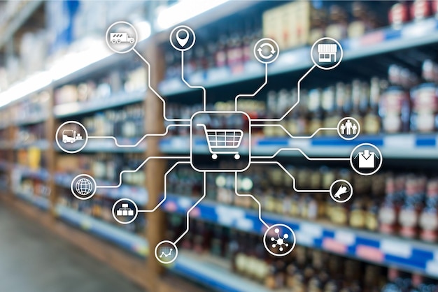Canaux de marketing de détail Ecommerce Concept d'automatisation des achats sur fond de supermarché flou