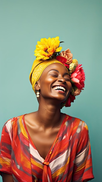 Cancer femme africaine chauve souriante portant une couronne de fleurs Journée mondiale du cancer