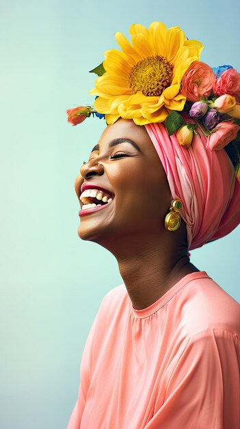 Cancer femme africaine chauve souriante portant une couronne de fleurs Journée mondiale du cancer