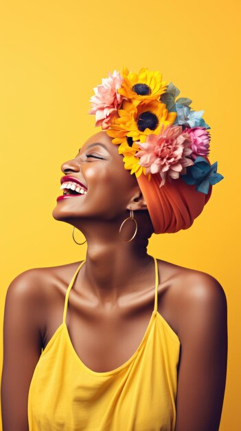 Cancer femme africaine chauve souriante portant une couronne de fleurs Journée mondiale du cancer