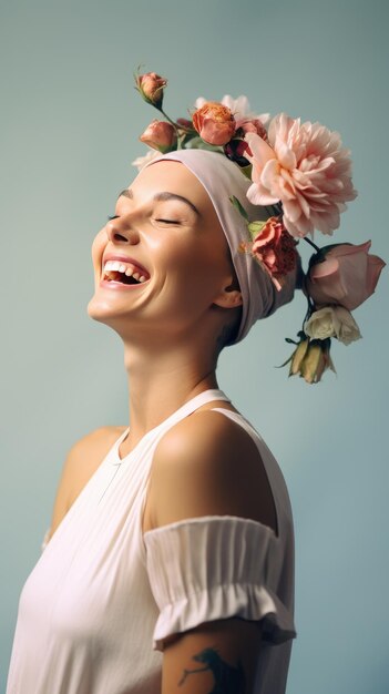 Cancer femme blanche chauve souriante portant une couronne de fleurs Journée mondiale du cancer
