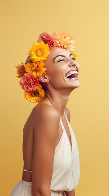 Cancer femme blanche chauve souriante portant une couronne de fleurs Journée mondiale du cancer