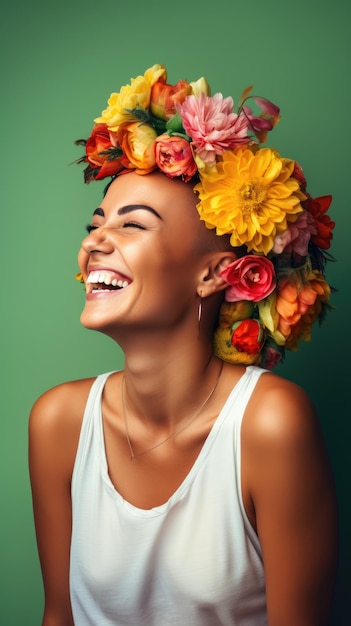 Cancer femme blanche chauve souriante portant une couronne de fleurs Journée mondiale du cancer