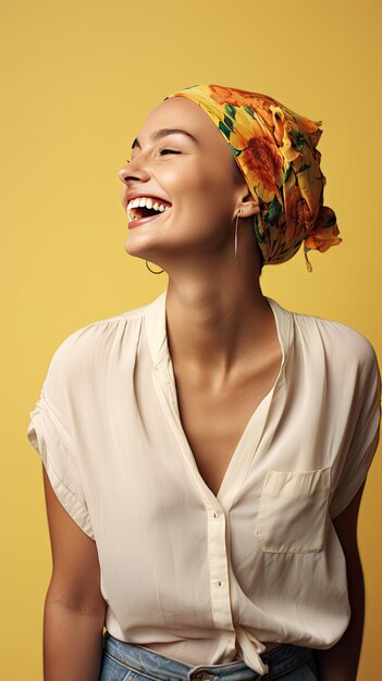 Cancer femme blanche chauve souriante portant une couronne de fleurs Journée mondiale du cancer