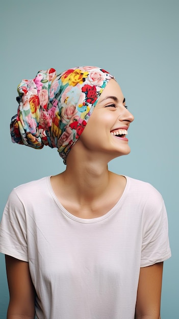 Cancer femme blanche chauve souriante portant une couronne de fleurs Journée mondiale du cancer