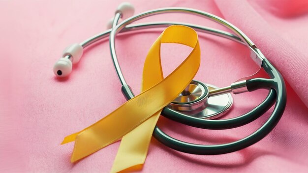 Photo cancer sarcomique osseux ruban jaune avec stéthoscope sur fond rose