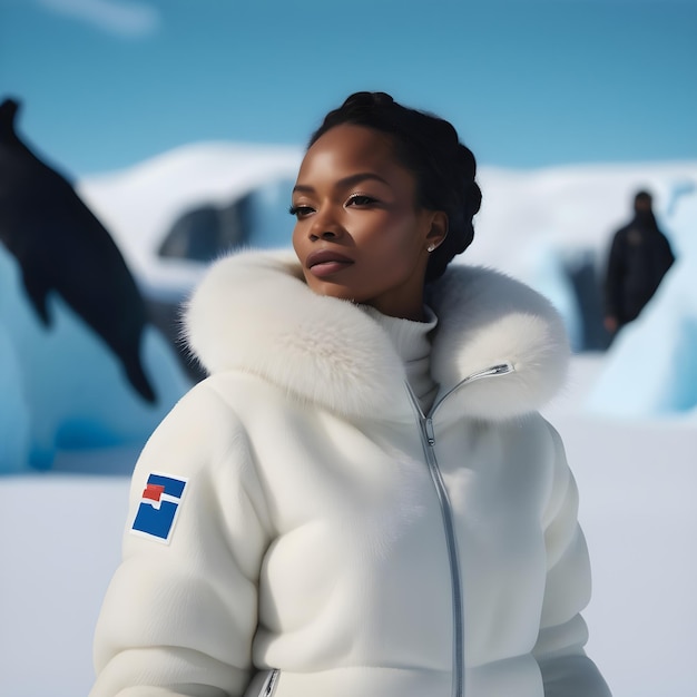 Candid Photojournalistic Shot Supermodel noire française en tenue arctique époustouflante