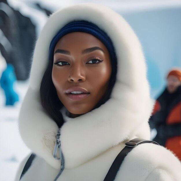 Candid Photojournalistic Shot Supermodel noire française en tenue arctique époustouflante