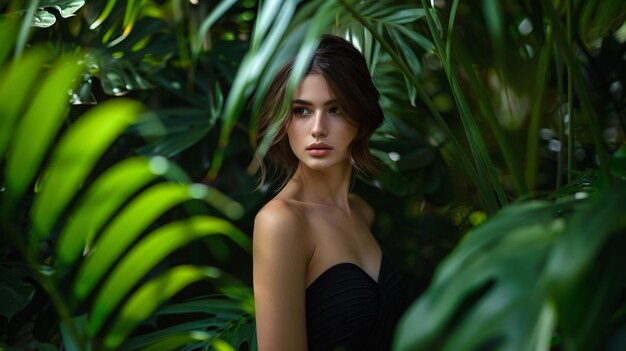 Photo candid shot d'une belle femme vêtue d'une robe noire sur un fond de plantes vertes