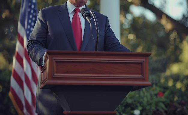Un candidat à la présidence des États-Unis prononce un discours convaincant sur le podium avec le drapeau américain en arrière-plan.