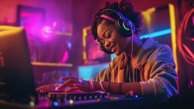 Photo candide une dj excitée jeune femme africaine mélangeant de la musique sur des platines avec des écouteurs belle generative ai aig32