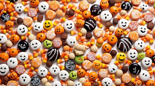 Candis de bonbons d'Halloween avec des visages et des yeux tous recouverts de glaçage blanc givré sur fond blanc