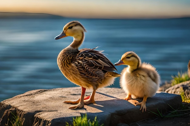 Une cane et ses canetons se tiennent debout sur un rocher devant un plan d'eau.