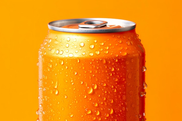 Canette de soda frais avec des gouttes d'eau sur fond orange closeup AI générative