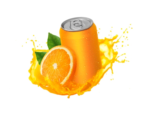 Canette de soda à l'orange en aluminium avec des fruits sur fond blanc Retouche photo de jus d'orange