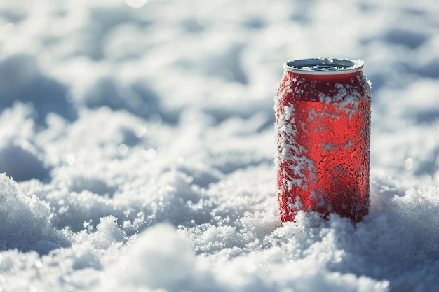 une canette de soda posée dans la neige