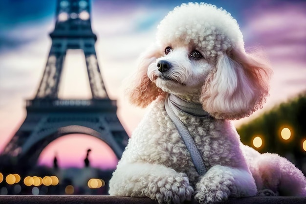 Caniche assis devant la tour eiffel à paris france Generative AI