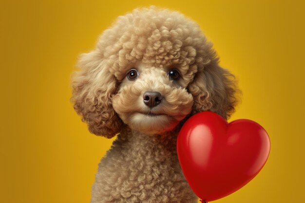 Caniche avec un ballon en forme de coeur sur fond jaune Generative AI