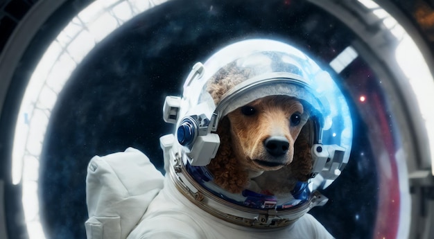 Caniche en combinaison spatiale Portrait de chien bouclé en tenue cosmique dans l'espace Cosmonaute pour animaux de compagnie Generative AI