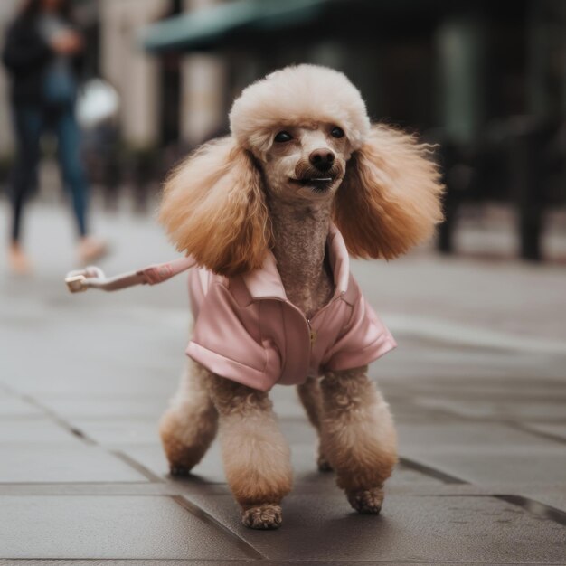 Un caniche dans une chemise rose marche dans la rue image générative ai