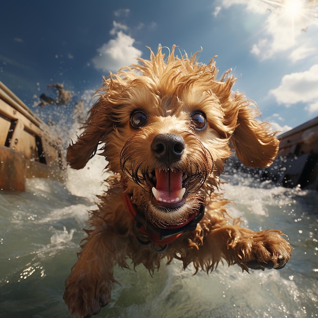 Un caniche jouet rouge saute haut d'une falaise dans l'eau