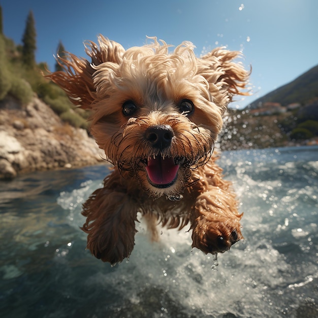 Un caniche jouet rouge saute haut d'une falaise dans l'eau