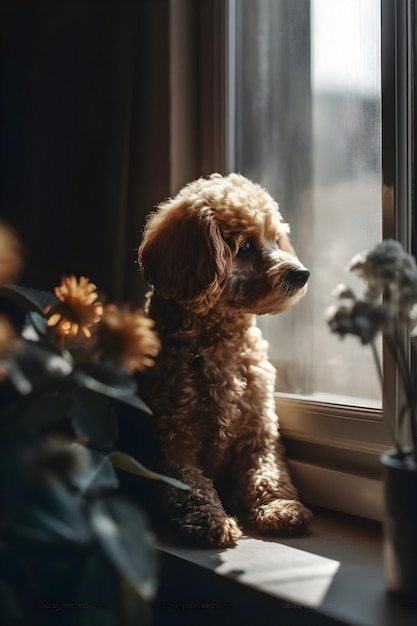 Photo un caniche miniature assis près de la fenêtre