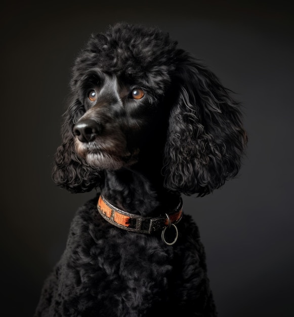Un caniche noir portant un collier avec une étiquette qui dit "j'aime les chiens"