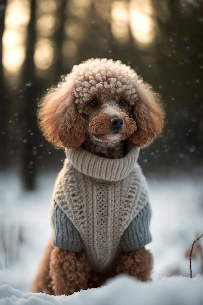 Un caniche portant un chandail est assis dans la neige.