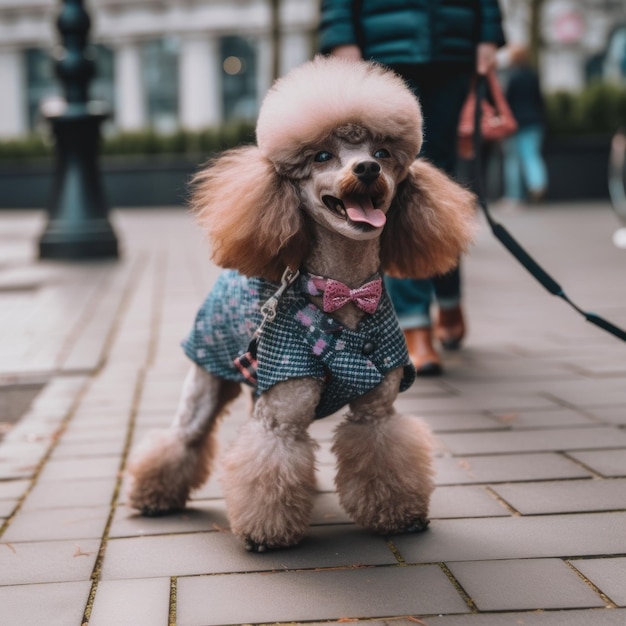 Un caniche portant une chemise bleue et un noeud papillon rose image générative ai