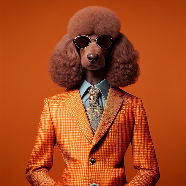 Un caniche portant un costume et des lunettes de soleil se tient devant un fond orange.