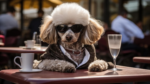 Un caniche profitant d'une journée sur la terrasse d'un café de la ville