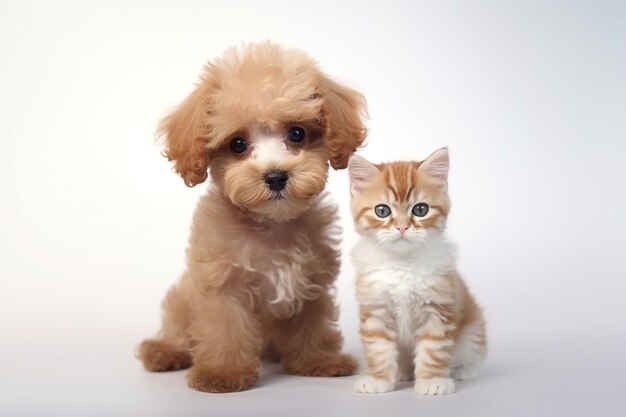 caniche toy et chaton se rencontrent dans un style photo fond blanc avec générer Ai