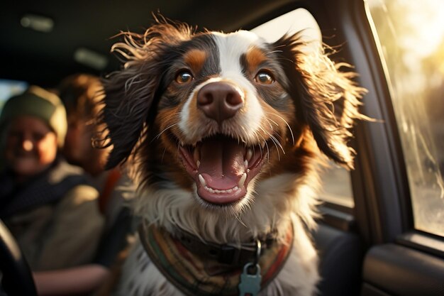 Canin joyeux avec des oreilles balayées par le vent Le plaisir de l'animal dans la fenêtre de la voiture IA générative