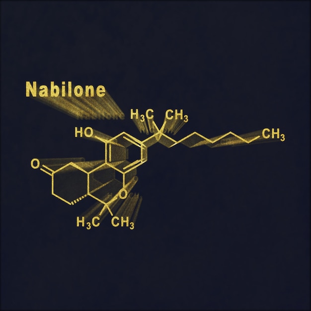 Cannabinoïde synthétique nabilone, formule chimique structurale or sur fond sombre