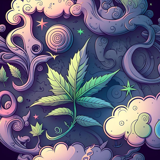 Cannabis artistique et illustration de doodle de style kawaii de fumée magique