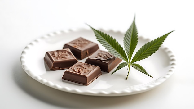 Cannabis comestibles en plaque blanche sur fond blanc