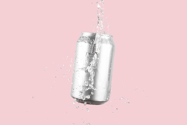 Photo canne à bière ou à soda en aluminium avec des éclaboussures d'eau sur un fond rose clair