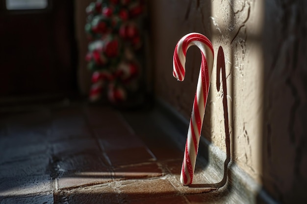 Une canne en bonbon appuyée contre un mur