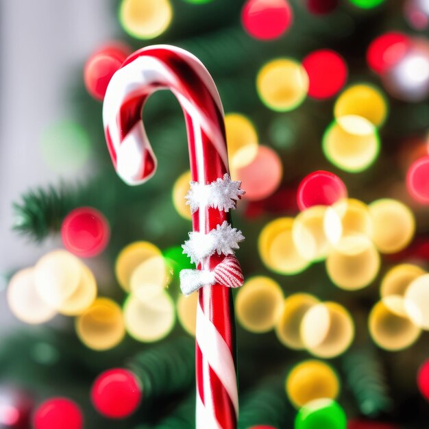 Photo canne à bonbons avec arbre de noël dans un fond flou