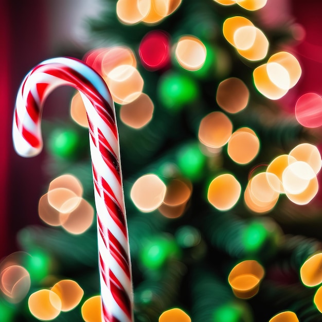 Photo canne à bonbons avec arbre de noël dans un fond flou