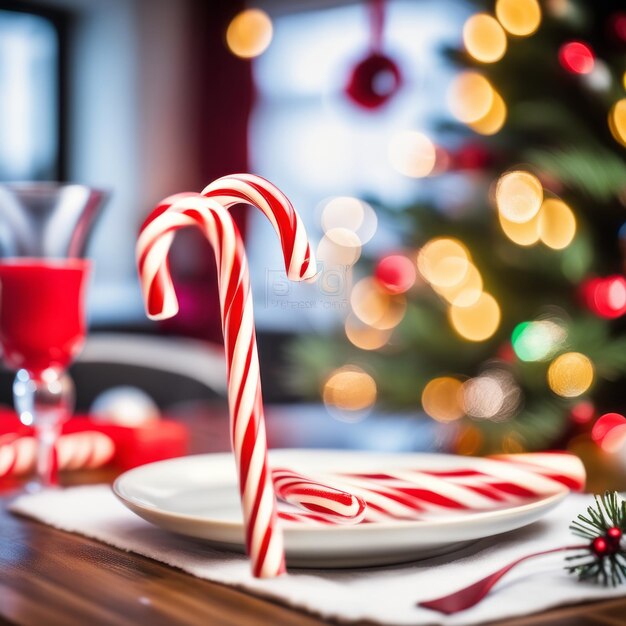 La canne à bonbons contre la table à manger de Noël floue