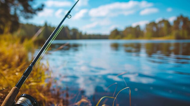 Photo une canne de pêche dans la main d'un pêcheur sur le lac