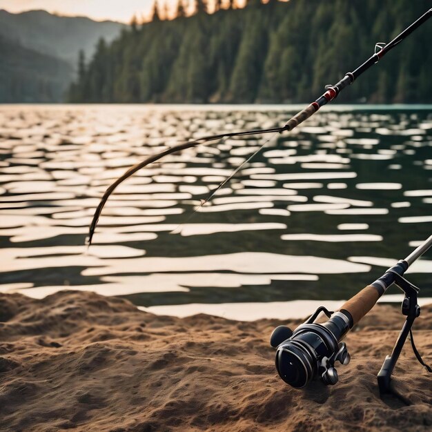 Une canne de pêche sur un fond flou du lac