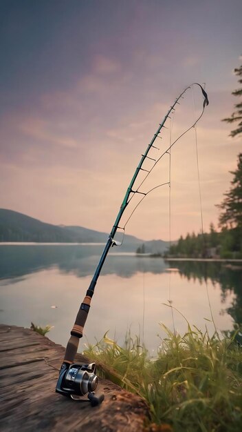 Une canne à pêche sur un fond flou du lac